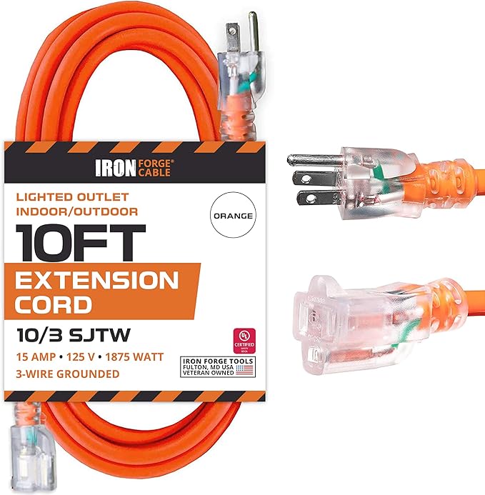 Iron Forge Cable Lighted Outdoor Extension Cord 10 Ft - 10 Gauge Heavy Duty Extension Cord, 15 AMP, 10/3 Orange Power Cable SJTW Weatherproof 3 Prong