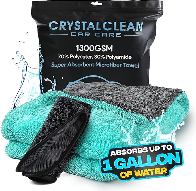 Crystal Clean 1300GSM Microfiber Towels for Cars – XL Drying Towel with Double Twisted Loop, Professional Detailing Towel Car Detailers - Quick Dry, Paint Safe & Swirl-Free (Grey+Green)
