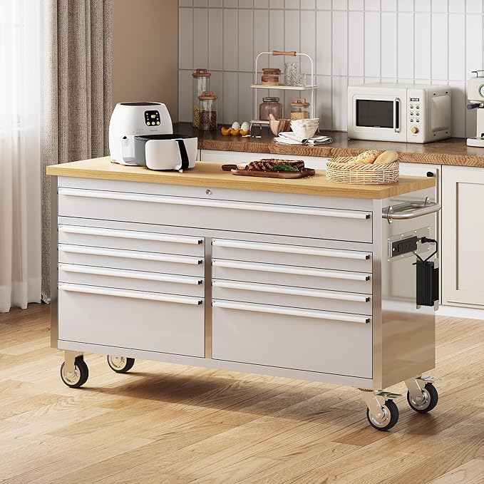 Tool Chest, 61 Inch Tool Box Mobile 9 Drawers Storage Rolling Cabinet with Wheels Lock Key Locking System Drawer Liners for Garage Warehouse Repair Shop, Sliver
