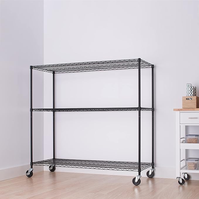 Trinity Basics 3-Tier Adjustable Wire Shelving with Wheels for Kitchen Organization, Garage Storage, Laundry Room, NSF Certified, 600 to 1350 Pound Capacity, 60” by 24” by 54”, Black