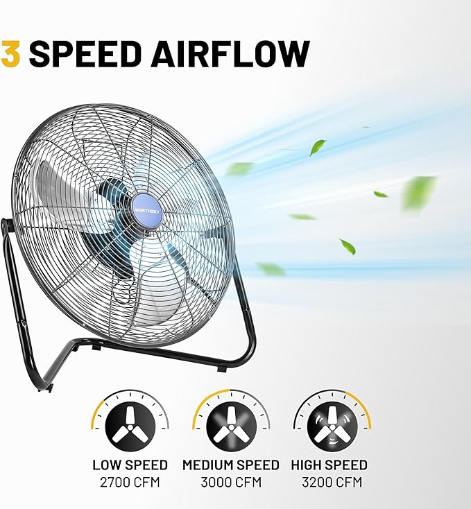 NORTHSKY 18" Floor Fan, 3200 CFM Industrial Fan, 3 Speeds, Durable Steel Safety Grille, 1/8 HP, 360° Head Hit, for Manufacture, Construction, Warehousing with UL-Certified Safety Compliance