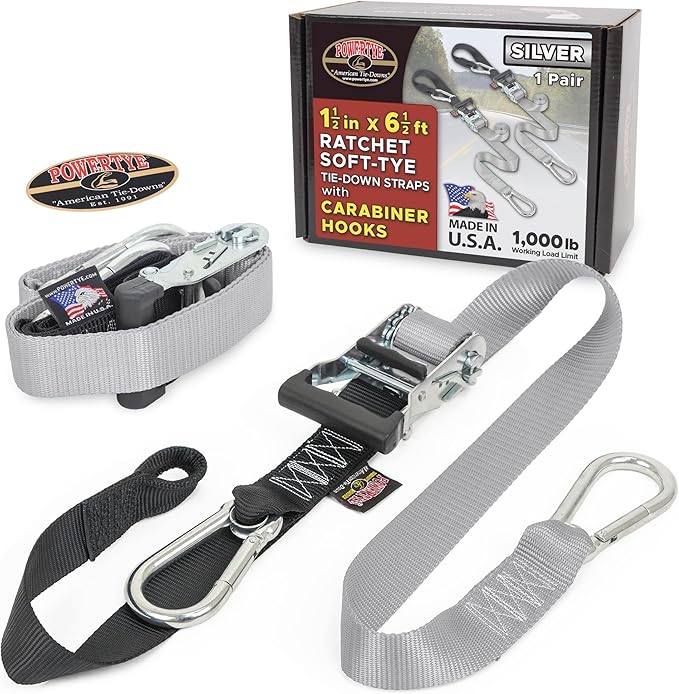 PowerTye 1.5 inch x 6.5ft Heavy Duty Ratchet Tie Down Straps with Carabiner Hooks & Sewn-in Soft-Tye, for Motorcycle, ATV, Trailer & Cargo - 1,000 lb WLL - Made in USA - Silver/Black Pair