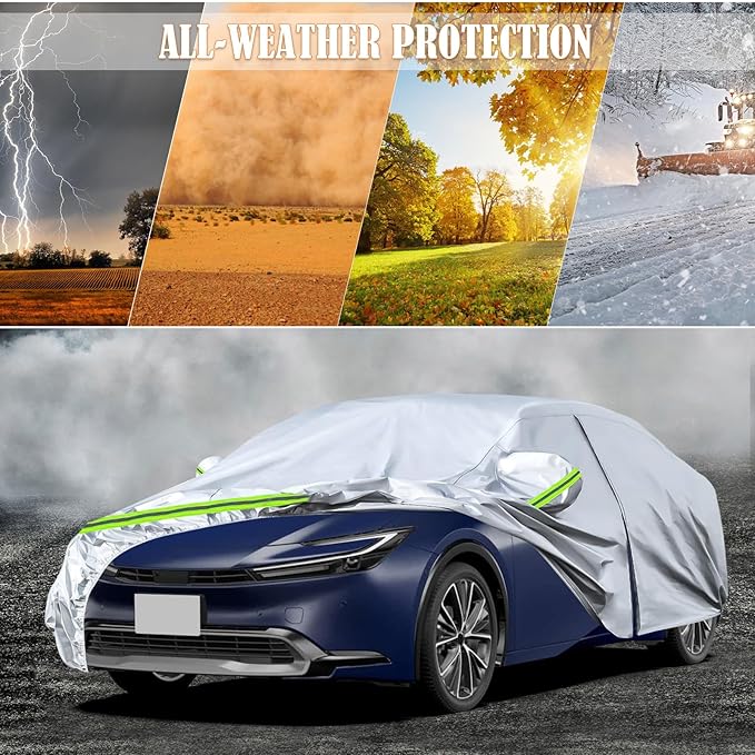 Waterproof Car Covers Replace for 2004-2025 Toyota Prius, 6 Layers Silver All Weather Custom-fit Car Cover with Zipper Door & Windproof Bands for Snow Rain Dust Hail Protection