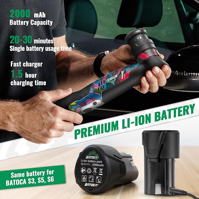 BATOCA S5 Cordless Mini Car Polisher Buffer Sander Dual Action Rotary Small Polishing Machine for Car Detailing 1inch 2inch 3inch Polishing Pad Kit with 2x 12V Battery 2000-5500RPM New Exterior Design