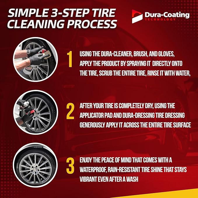 DURA-COATING TECHNOLOGY, Dressing Total Tire Kit, Single Car Kit - All Inclusive Tire Shine, and Cleaner Kit for a Lasting Shine and Brilliant Finish - 16 Ounce Tire Cleaning Spray - Made in The USA