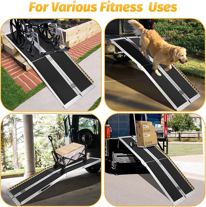 7 FT Portable Wheelchair Ramp, Wheel Chair Ramps for Homes with Transition Plate, Aluminum Wheelchair Ramp with Non-Skid Surface and Reflective Strips, Weight Capacity Up to 600 Lbs