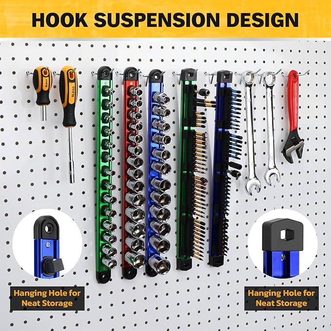 5-Piece Magnetic Socket & Bit Organizer Kit, 1/4" 3/8" 1/2" Heavy Duty Socket Holder Holds 40 Clips, Aluminum Sockets Rail for Tool Box Drawer, 1/4" Slidable Drill Bit Organizer Holds 80 Bits