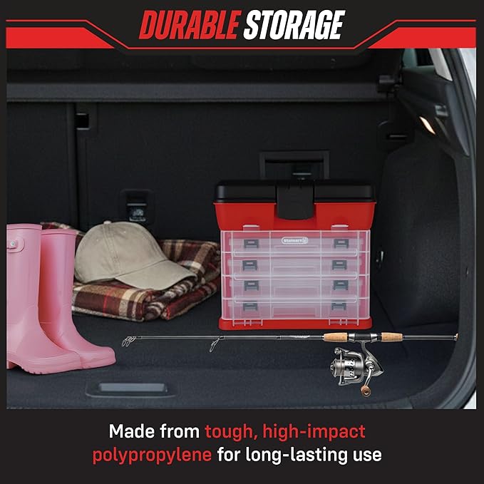 Portable Tool Storage Box - Small Parts Organizer with 4 Multi-Compartment Trays for Fishing Tackle, Hand Tools, or Craft Supplies by Stalwart (Red)