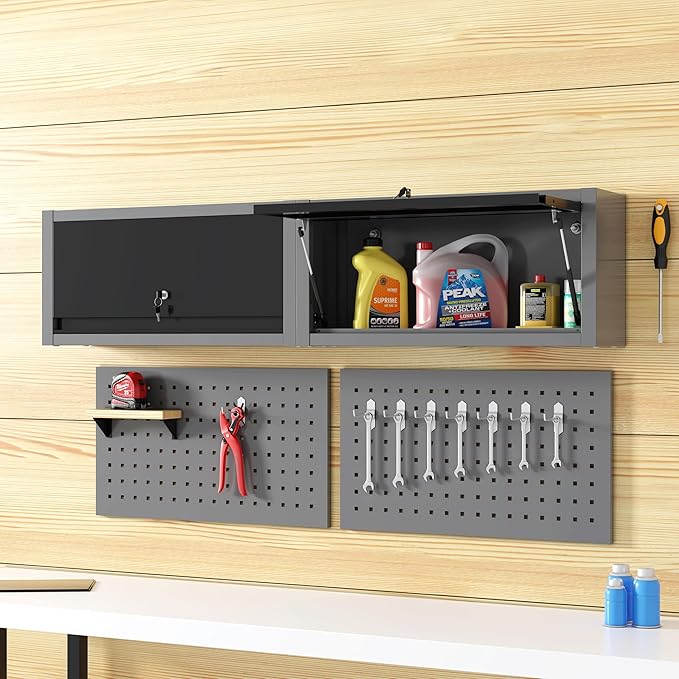 JZD Small Metal Wall Mounted Storage Garage Cabinet with Flip Up Door, Black & Grey