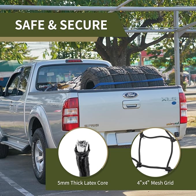 4'x6' Pickup Truck Bed Cargo Net, Heavy Duty Bungee Cargo Net Stretches to 10' x 15' Roof Rack Net with 4"x4" Mesh Grid and 12 Metal Carabiners