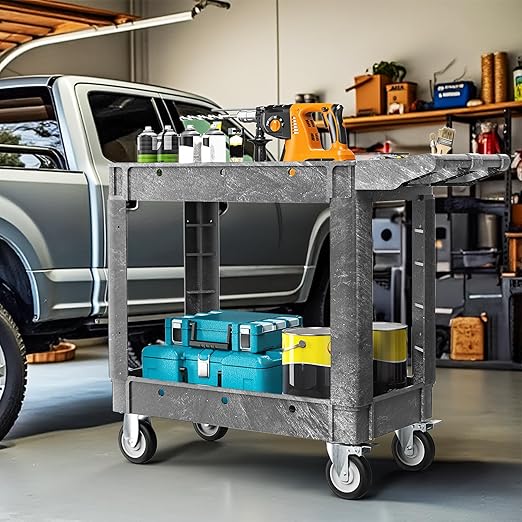 DWVO 2 Tier Utility Cart on Wheels, 550 lbs 2 Shelf Heavy Duty Plastic Rolling Carts, 40 x 17 in Plastic Tool Cart Work Cart with Locking Swivel Wheels & Handle for Warehouse Garage School & Office