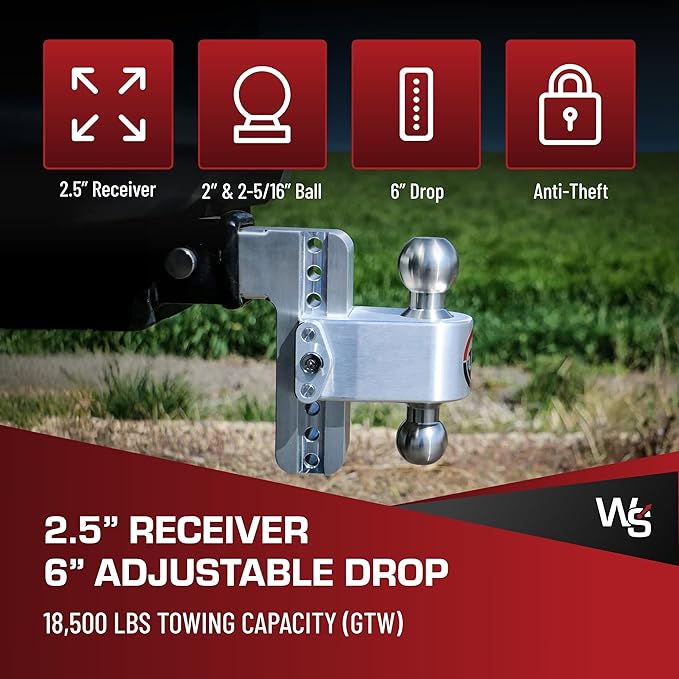 Weigh Safe 180-Degree Trailer Hitch - Adjustable Trailer Hitch for Towing - Compatible with 2.5" Receivers - 6" Drop, Chrome-Plated Tow Balls, 18,500 GTW, 1-Piece Lock Set