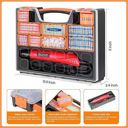 Kuject 1200PCS Solder Seal Wire Connectors Kit with Heat Gun 400℃/752℉ & Organizers, AWG 26-8 Waterproof Heat Shrink Butt Terminals, Solder Stick Connectors for Marine, Automotive and Truck Wiring
