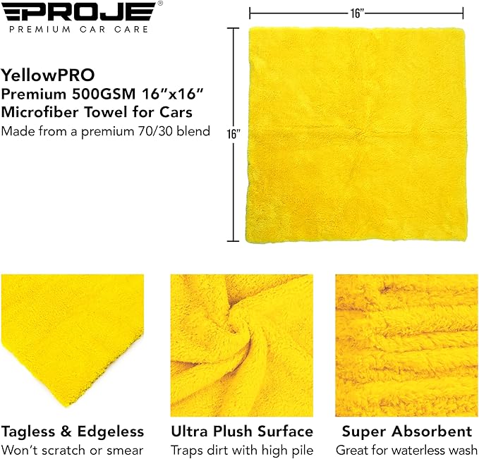 PROJE' Yellow Microfiber Towel for Car - Ultra Absorbent - Car Drying, Polishing, Buffing Cloth & Interior Detailing Towel - 500 GSM 16x16in - Auto Detailing Supplies - Pack of 6 Premium Car Care