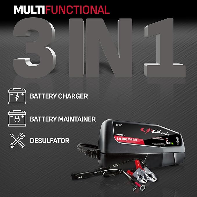 Schumacher Electric 1.5A Car Battery Charger and Maintainer, 3-in-1 Solution, for 6V/12V Batteries Power Sport, Automotive, and Marine Batteries, SC1343