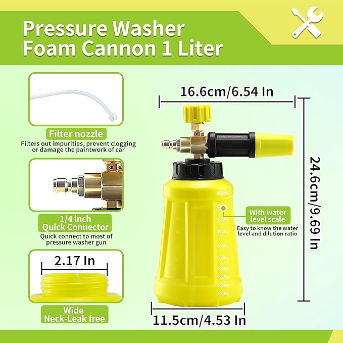 Foam Cannon, Wide Neck Snow Foam Lance with Replacement Adapter for Portland Husky and Ryobi Pressure Washer, Heavy Duty Power Washer Foam Blaster with 1/4 Inch Quick Connector, 5 Nozzle Tips