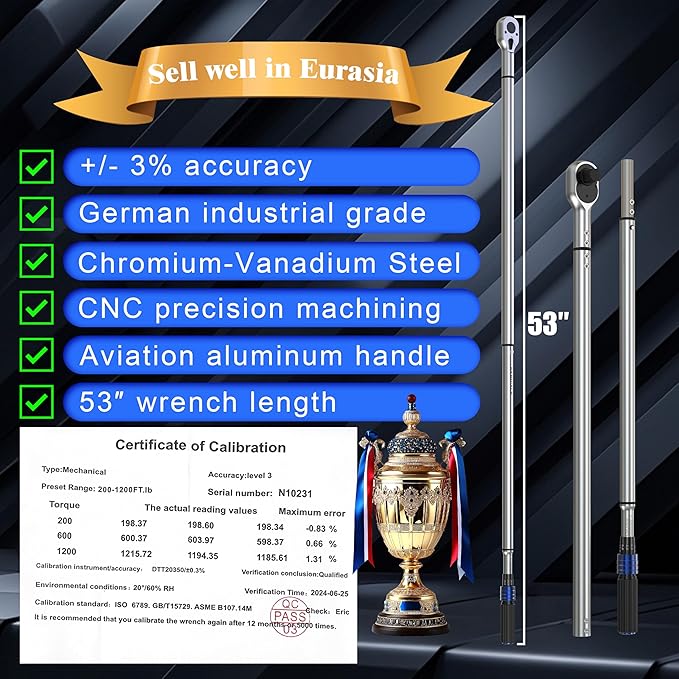 1 Inch Drive Torque Wrench with 200-1200 Ft Lb / 271-1627 Nm/Heavy Duty/Dual Direction/High hardness/Long lifetime/Stored In a Solid Case