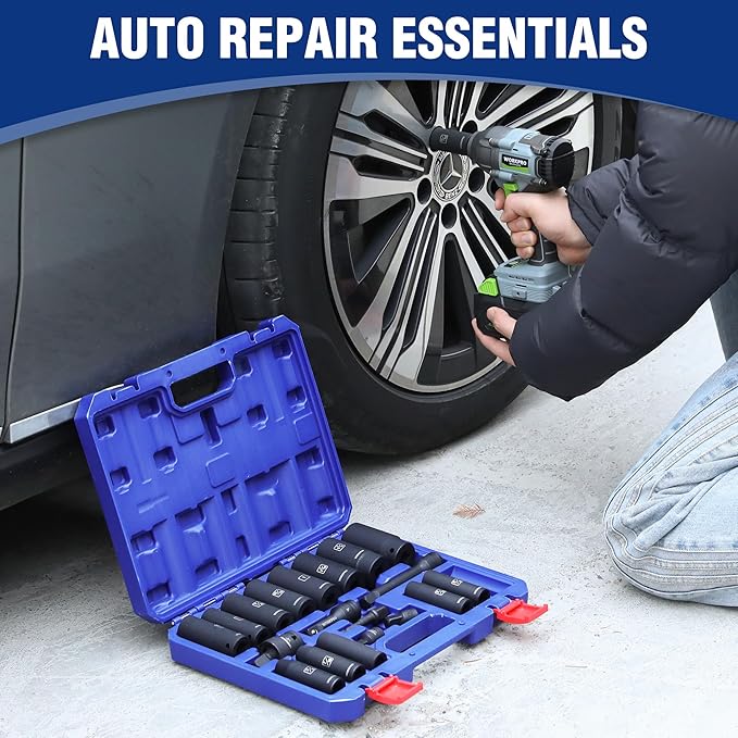 WORKPRO 20-Piece 1/2＂ Drive Deep Impact Socket Set, 6-Point, Cr-V Steel, 10-27mm, Universal Joint, Adapter and Extension Bar, SAE
