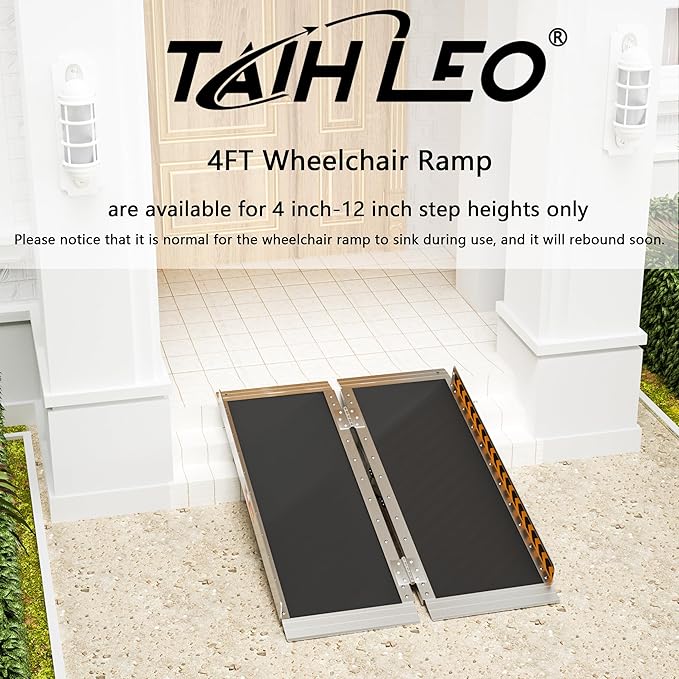 4 Feet Portable Wheelchair Ramp, Lightweight Aluminum Folding Handicap Ramp with Handle, Non-Slip Door Threshold Wheelchair Ramps for Home, Wheel Chair Ramp for Home Steps, Stairs, Doorways
