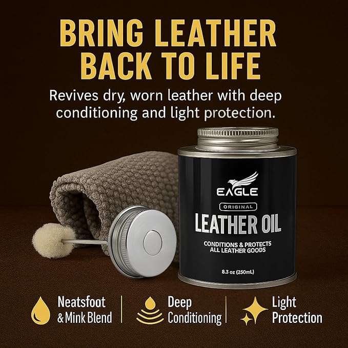 Leather Oil Conditioner with Applicator & Cloth – All-Natural Deep Conditioning Oil for Saddles, Furniture, Bags, Belts & Leather Gear – 8.45oz Restorative Oil for Dry, Cracked Leather
