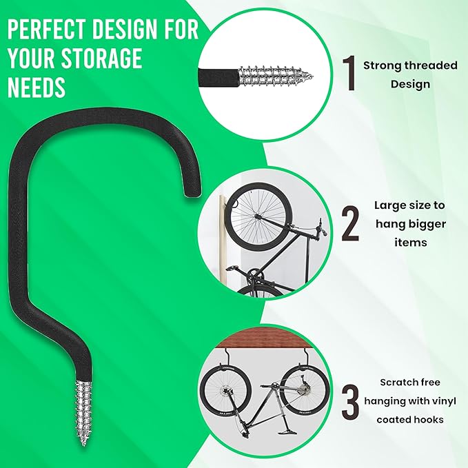 4 Pack Heavy Duty Extra-Large Garage Storage Utility Hooks - 7 Inches for Garage Wall and Ceiling - Garage Hooks for Hanging Bicycle, Ladder, Hose, Cords, and Garden Tools
