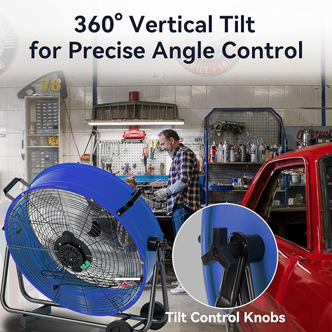 24 Inch Industrial Drum Fan 8800 CFM High Velocity Floor Fan for Garage, Warehouse & Workshop - 3-Speed Heavy Duty Metal Fan with 360° Tilt, Wheels & UL Safety Listed
