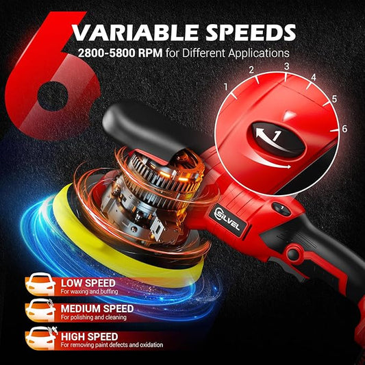 SILVEL Cordless Car Buffer Polisher, 2 X 2000mAh 24V Batteries, 2800 - 5800 RPM Car Polishing Kit with 5 Inch Car buffer Waxer Kit, Car Polishing Machine,6 Variable Speed for Car Detailing