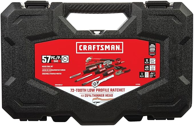 CRAFTSMAN 57 Piece Mechanics Tool Set Home Tool Set, Sockets, Ratchet, Screwdrivers, Hammer, Pliers, Hex Keys, Specialty Bits Hand Tools (CMMT99447)