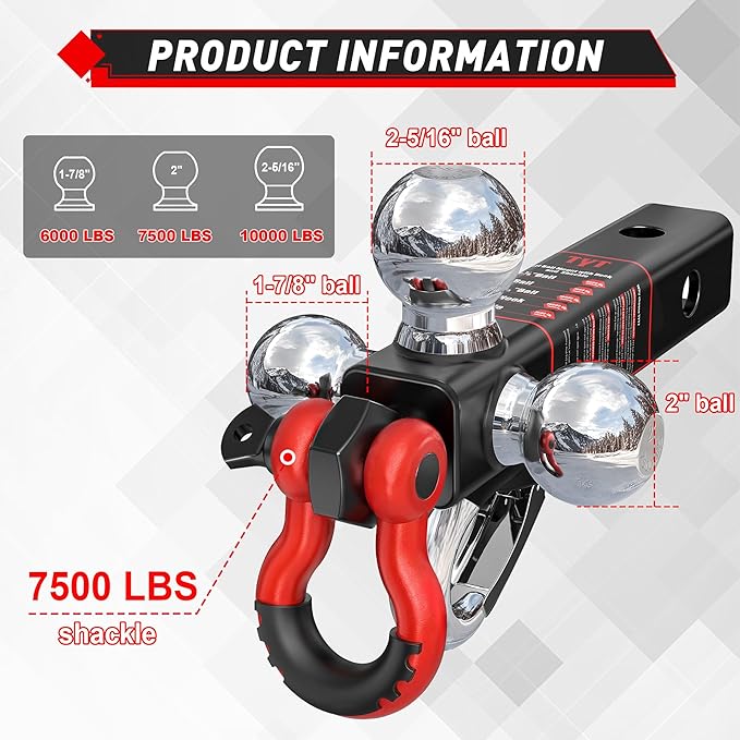 TYT Tri-Ball Mount Trailer Hitch ，Fits 2 inch Receiver, 1-7/8" & 2" &2-5/16" Ball with Tow Hook & Rotatable Shackle,10,000lbs GTW,1,000 lbs TW, Includes Hitch Pin Lock
