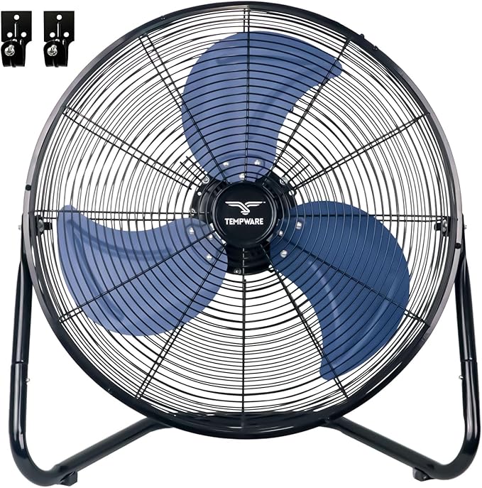 TEMPWARE 20 Inch High Velocity Industrial Floor Fan, 3-Speed Heavy Duty Metal Cradle Floor Fans with 360° Tilt for Warehouse, Workshop, Garage, Factory and Basement, Black & Blue