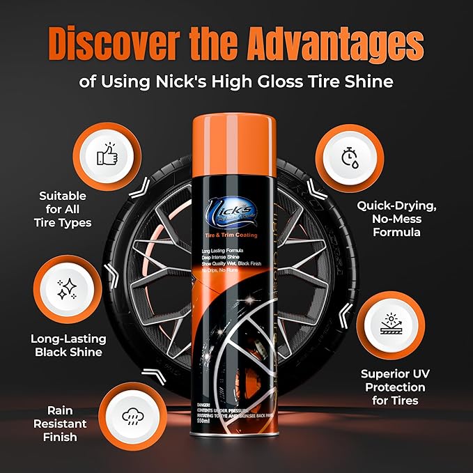Nick's Professional Supplies High Gloss Tire Shine (1 Pack) - Long Lasting Tire Care - Your Ultimate Wet Tire Shine Spray for a Black Finish Shine on Ceramic Coating for Cars, Trucks, Motorcycles.