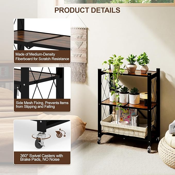 3 Tier Folding Shelf with Wheels, Wood and Metal Bookshelf, no Assembly Foldable Storage Shelves, Vintage Storage Rack for Living Room, Bedroom, and Home Office