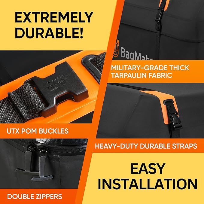 Waterproof Car Roof Bag - Car Rooftop Cargo Carrier Bag – 15 Cubic Ft Roof Rack Cargo Carrier, Includes Anti-Slip Mat, 4 Door Hooks, Reinforced Zipper/Buckle, with or Without Rack