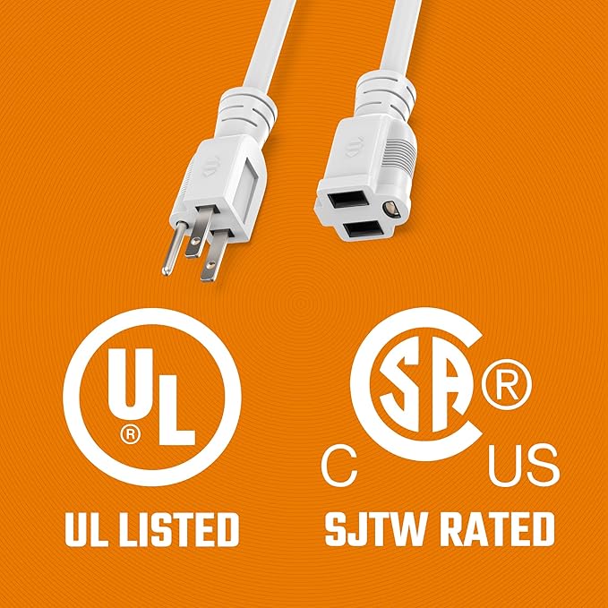 Outdoor Extension Cord Waterproof 10 Ft, White, Indoor, Outdoor Power Cord, Heavy Duty 16/3, Single Outlet, UL Listed, 3-Prong, Grounded Outlet, Extension Wire.