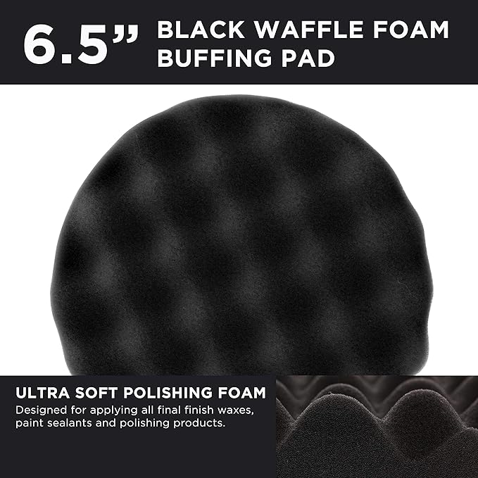 TCP Global 6.5" Black Waffle Foam Buffing Pad Hook and Loop Backing - Final Finishing Pad for Polishing, Automotive, Marine, Truck, RV & Compound Cutting, Car Polishing Pads