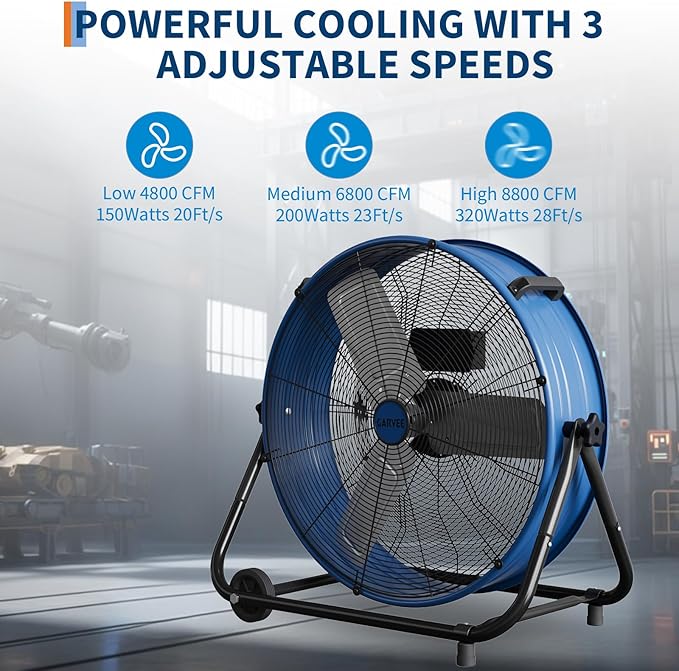24 in Industrial Floor Fan, Heavy Duty Industrial Floor Fan with Adjustable 3 Speed 4800-8800 CFM Cooling, for Industrial Commercial Space Garage, Metal Blades/360° Rotation, Blue