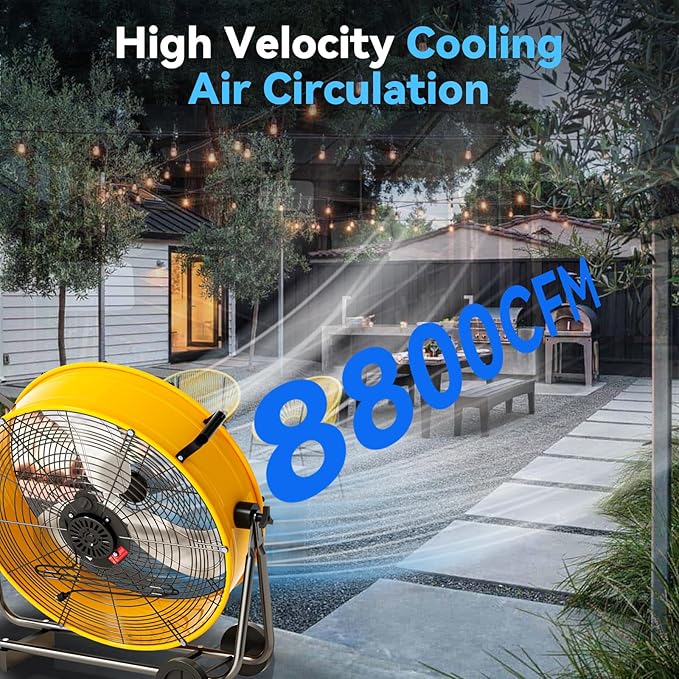 24 inch High Velocity Industrial Drum Fan, 8800 CFM Heavy Duty Metal Air Circulator, 3-Speed Floor Fan with 360° Tilt & Wheels for Warehouse, Workshop, Factory & Gym – UL Listed