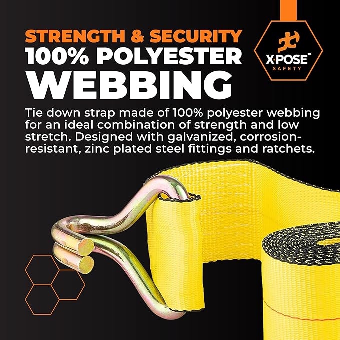 Xpose Safety 1-Pack Retractable Ratchet Straps with Double J Hooks, Heavy Duty 4" x 30', 20,000 lbs Break Strength Tie-Downs for Truck, Trailer, Kayak & Motorcycle