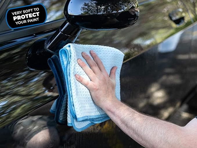 The Rag Company - Dry Me A River - Professional Korean 70/30 Blend Microfiber Waffle-Weave Drying & Detailing Towels, Soft Suede Edges, 390gsm, 16in x 16in, Light Blue (5-Pack)