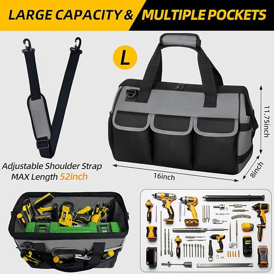 NECKORY Tool Bag, Portable Tool Box Organizer Adjustable Shoulder Strap, Carry Tool Tote Heavy Duty Tool Storage Bag With Wide Mouth,Tool Bags for Men Mechanic EngineerGift - L, Dark Grey & Black