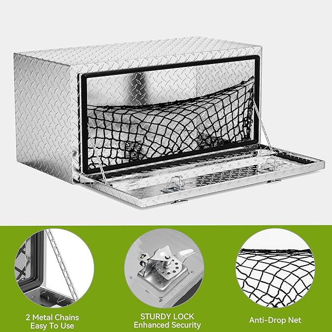 AUTOSAVER88 36 Inch Underbody Tool Box, Heavy Duty Aluminum Diamond Plate Toolbox Chest Storage Organizer, Waterproof Chest Storage Box with Lock for Trucks, Trailers, RVs, Warehouses, Silver
