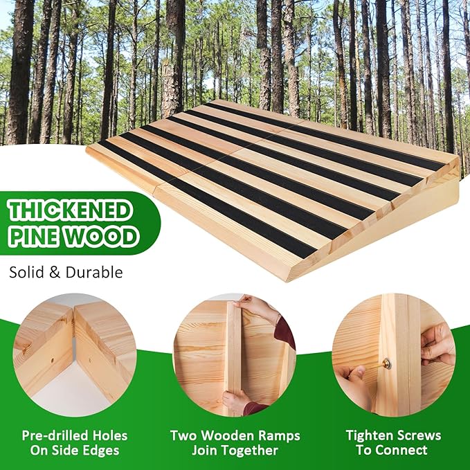 8" Rise Wooden Threshold Ramp for Home Steps, Door Ramp for Wheelchair/Walker/Cart/Scooter, Multipurpose Door Ramp with Non-Slip Stripes(35.4" W*8.0" H, Solid Wood, 800LBs Capacity)
