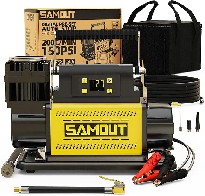 SMAOUT 12V Digital Air Compressor, Offroad Portable Inflator 7.06 CFM, Air Pump Max 150PSI for Heavy-Duty Tires, with LCD Control Panel to Preset Target Pressure, 4x4 Vehicle, SUV, RV