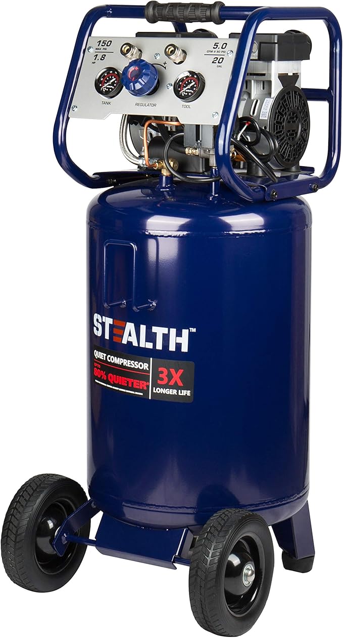 Stealth 20 Gallon Ultra Quiet Air Compressor,1.8 HP Oil-Free Peak 150 PSI 68 Decibel, 5.5 CFM @ 40 PSI 5 CFM @ 90 PSI Silent Long Life Electric Air Compressor W/Wheel for Garage