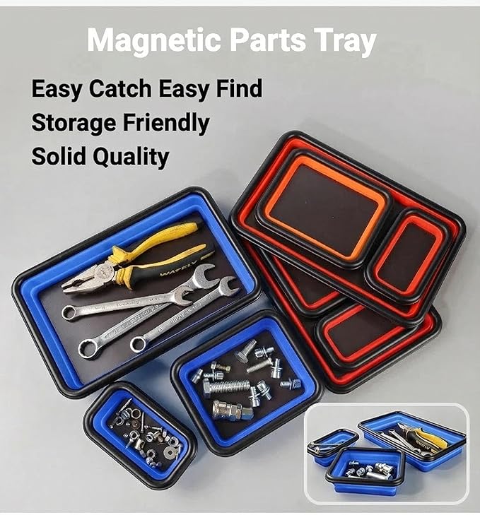 Collapsible Magnetic Parts Tray Set of 3 Different Size, Foldable Silicone Tool Trays for Screws, Bolts, Nuts and Other Small Metal Parts (Red)