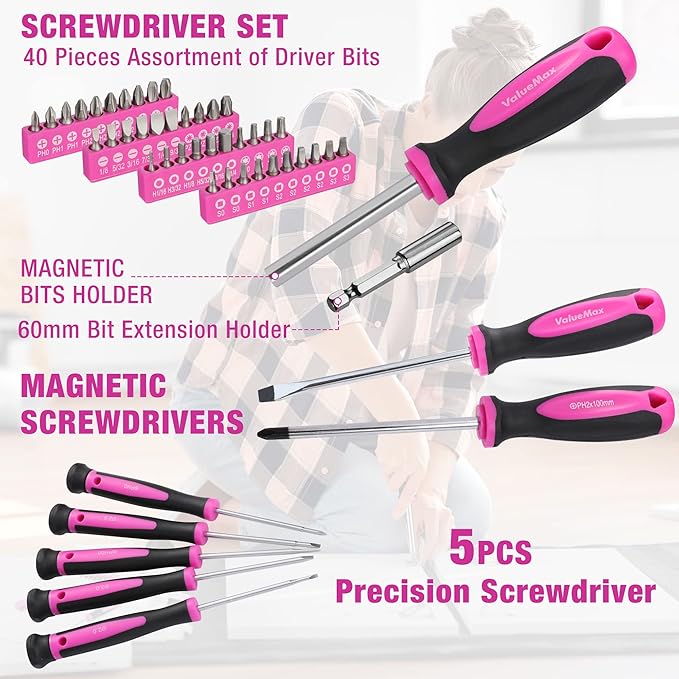 ValueMax Home Tool Kit with Drill, 233-Pieces Pink Tool Set with 12V Cordless Lithium-ion Drill, Power Tool Set with Wide Mouth Open Storage Bag, Basic Drill Sets Combo Kit for DIY and Daily Repair
