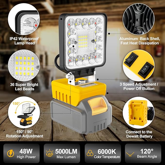 Cordless LED Work Light Compatible with Dewalt 18V 20VBattery, T-SUNiceM 5000LM Flashlight, 20V Battery Flood Work Light 140°Adjust with Low Voltage Protection for Outdoors and Job Site Lighting