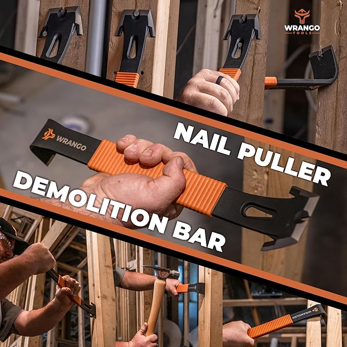 Wrango Tools - 15" Flat Bar Pry Bar - Patented Wide Winged Ends - Heavy Duty Crowbar with Nail Pullers - High Carbon Steel with Shock Absorbing Grip - Roofing & Construction Tool - 5% Donated To Help Farmers