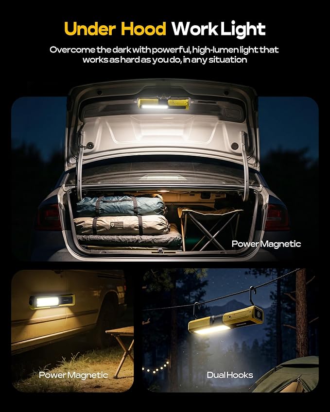 Magnetic Work Light, Under Hood Work Light Bar with Flashlight & 360° Rotatable Hook, 3000LM LED Mechanic Light with Multifunctional Foldable Design, 5 Lighting Modes for Car Repairing & Emergency