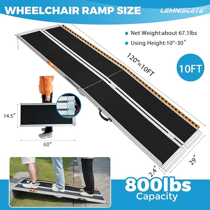LEMNISCATE Portable Wheelchair Ramp 10FT, Wheelchair Ramps for Home Steps, Non-Slip Handicap Ramp with Handle, Folding Wheel Chair Ramps for Homes Steps, Stairs, Doorways, Scooter, 800LBS Capacity